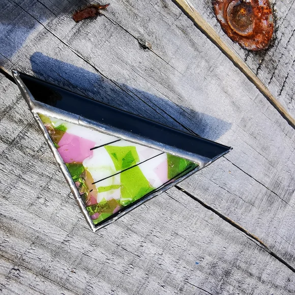 Artisan Created Fused Glass Triangular Brooch Pin - Picture 5 of 14